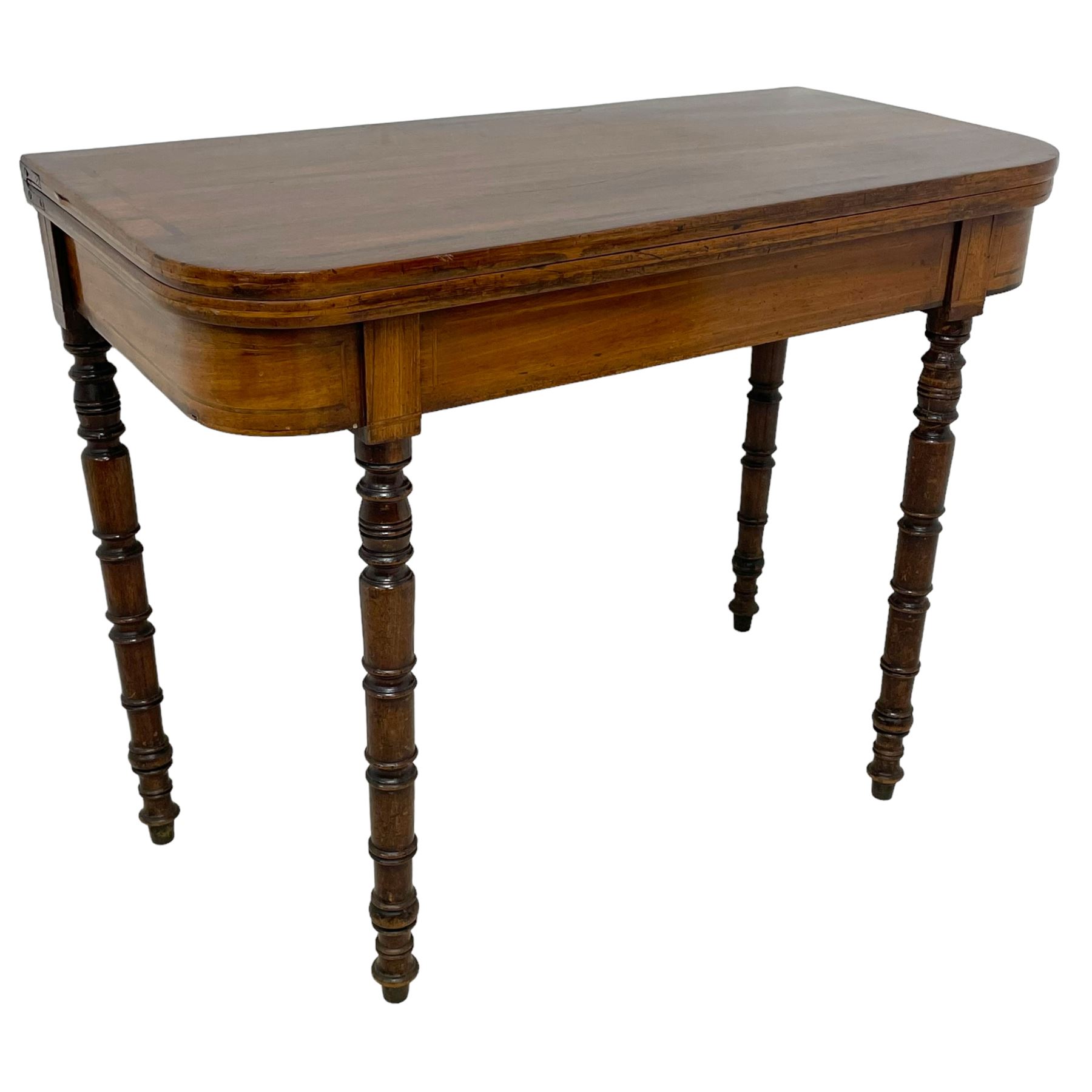 Early 19th century mahogany tea table, rectangular fold-over top with rounded corners, inlaid with mahogany banding, the plain frieze with mahogany stringing, raised on gate-leg action ring turned supports