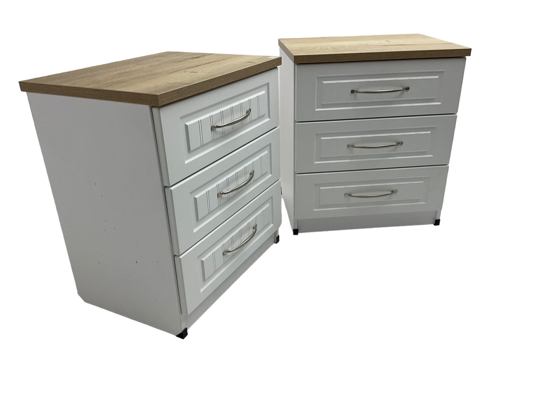 Pair of large oak and white finish three drawer bedside chests