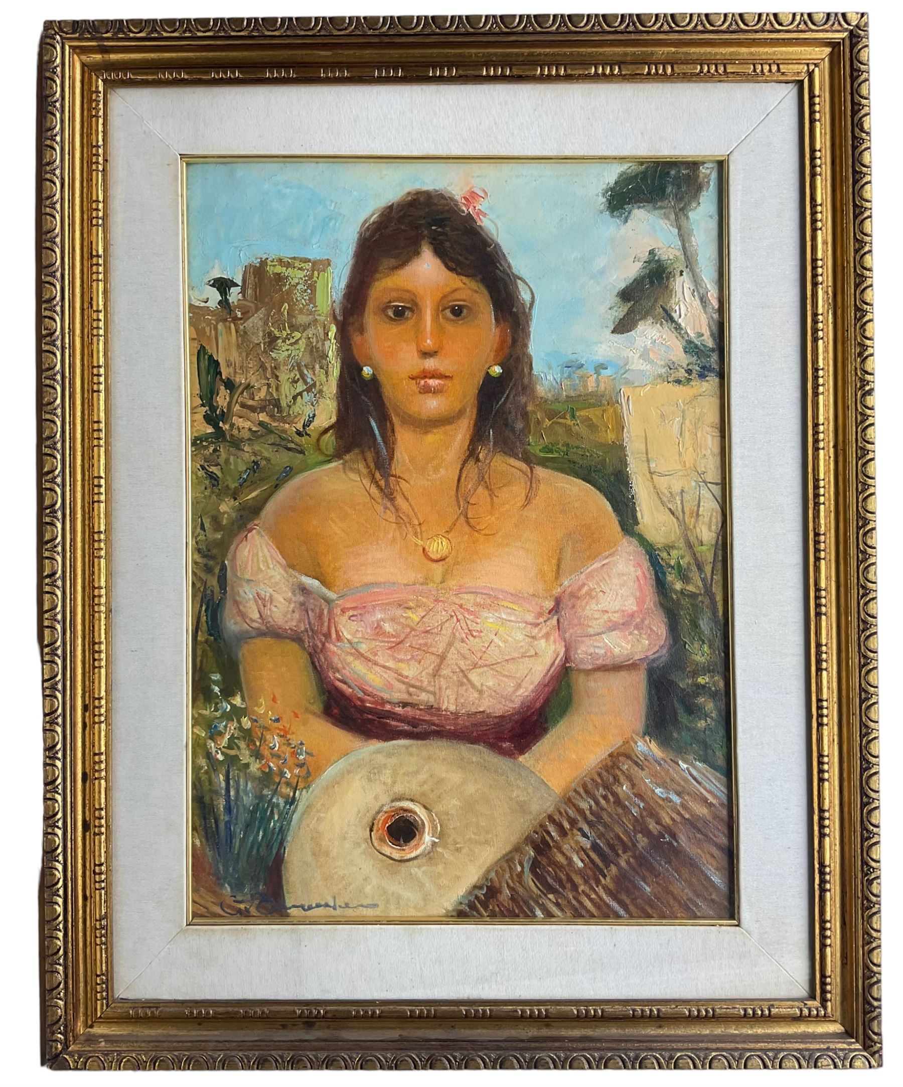 Latin American School (20th Century): Portrait of a Girl, mixed media on canvas indistinctly signed 65cm x 46cm 