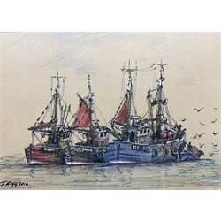 Jack Rigg (British 1927-2023): Trawlers at Rest off Scarborough, coloured pencil and ink signed and dated 2016, 36cm x 52cm