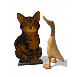 Wooden painted tortoisehell cat by Roy Liu, together with a Duck Company DCUK fruitwood duck, H41cm