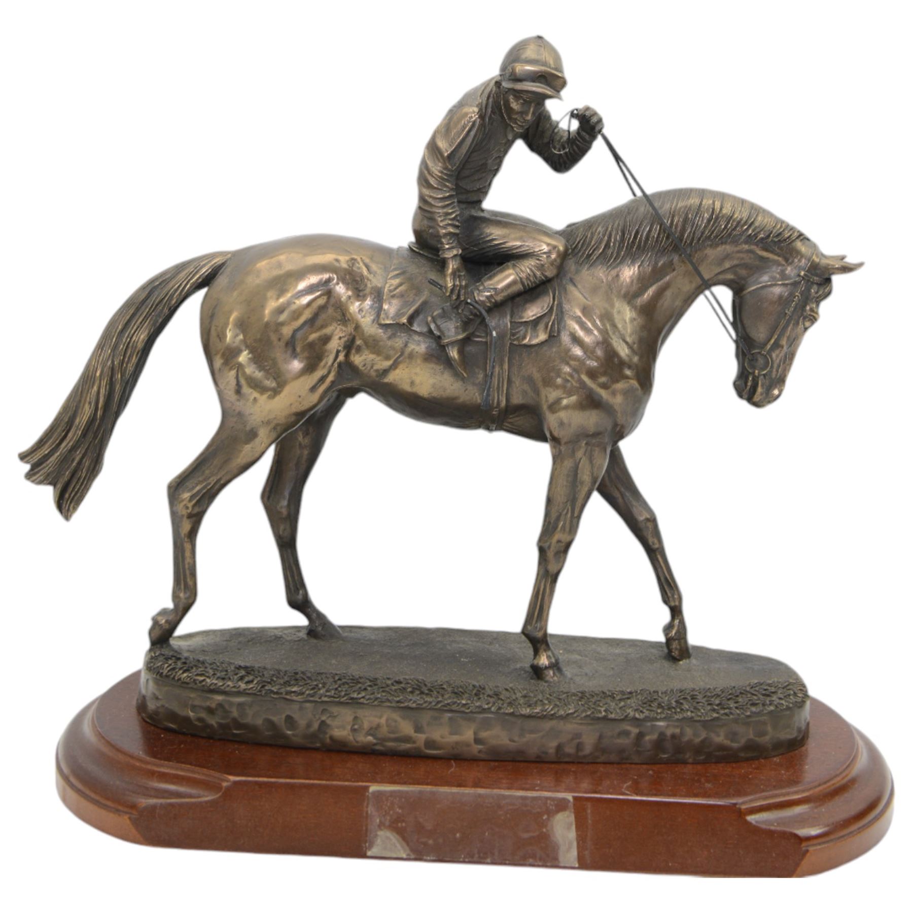 'The Weatherby's Ireland Greenlands Stakes Gr3 Winner - The Curragh 26th May 2012' - bronze resin group by Genesis Fine Art, Ireland with racehorse, jockey and lad on wooden base 34cm x 32cm and another of horse and jockey (2)