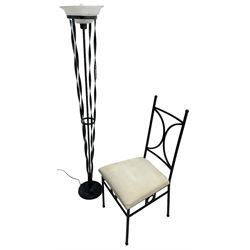 Wrought metal standard lamp (H170cm); wrought metal side chair with curved X-framed back over upholstered seat (W49cm)