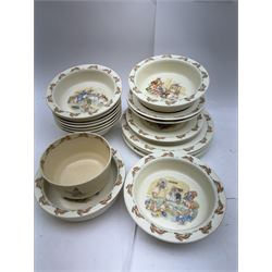 Royal Doulton bunny dinner wares, including four baby bowls, plates of various sizes, bowls etc 