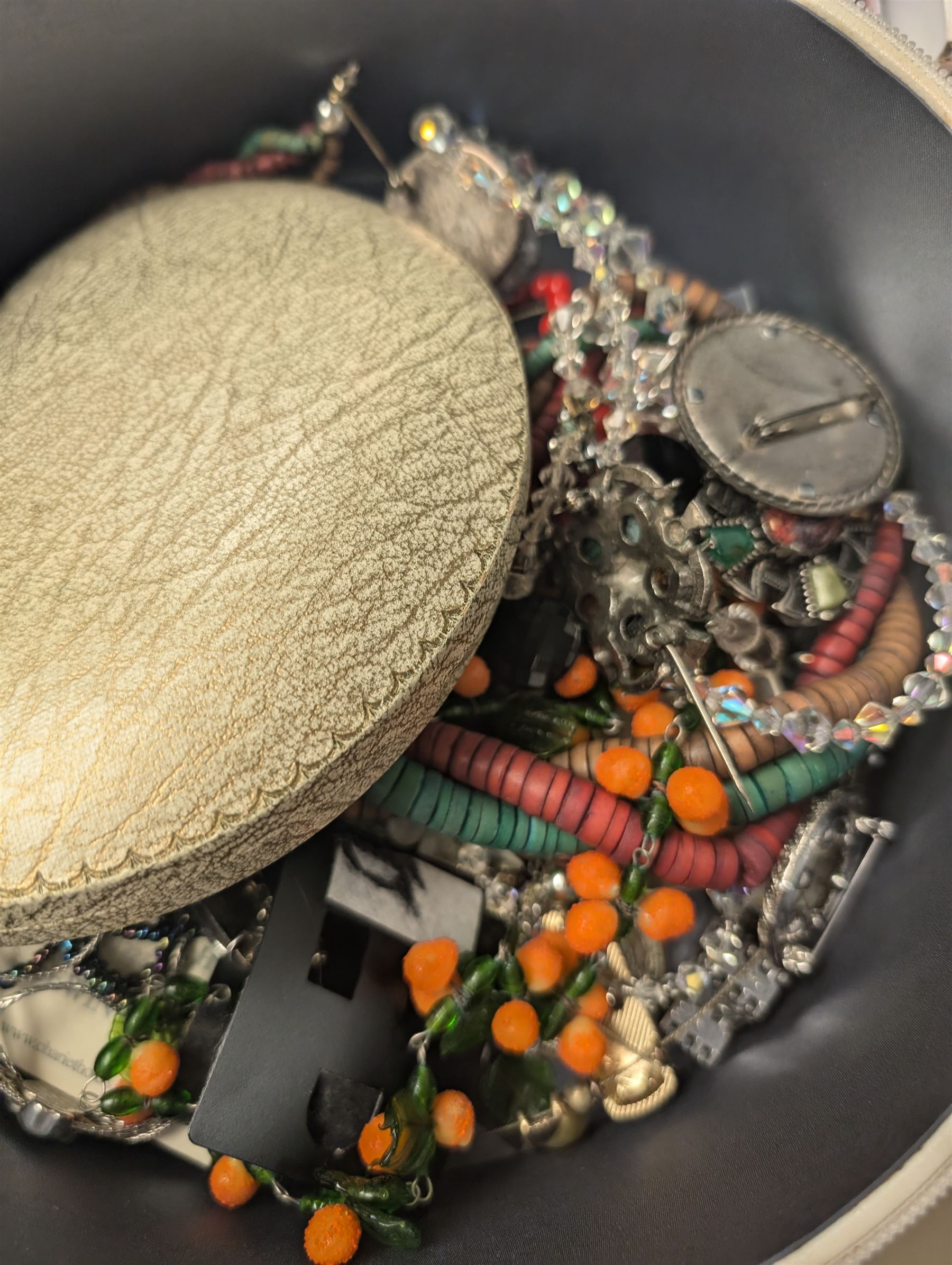 Collection of costume jewellery, including earrings, beaded necklaces and bangles, together with a collection of empty jewellery boxes 