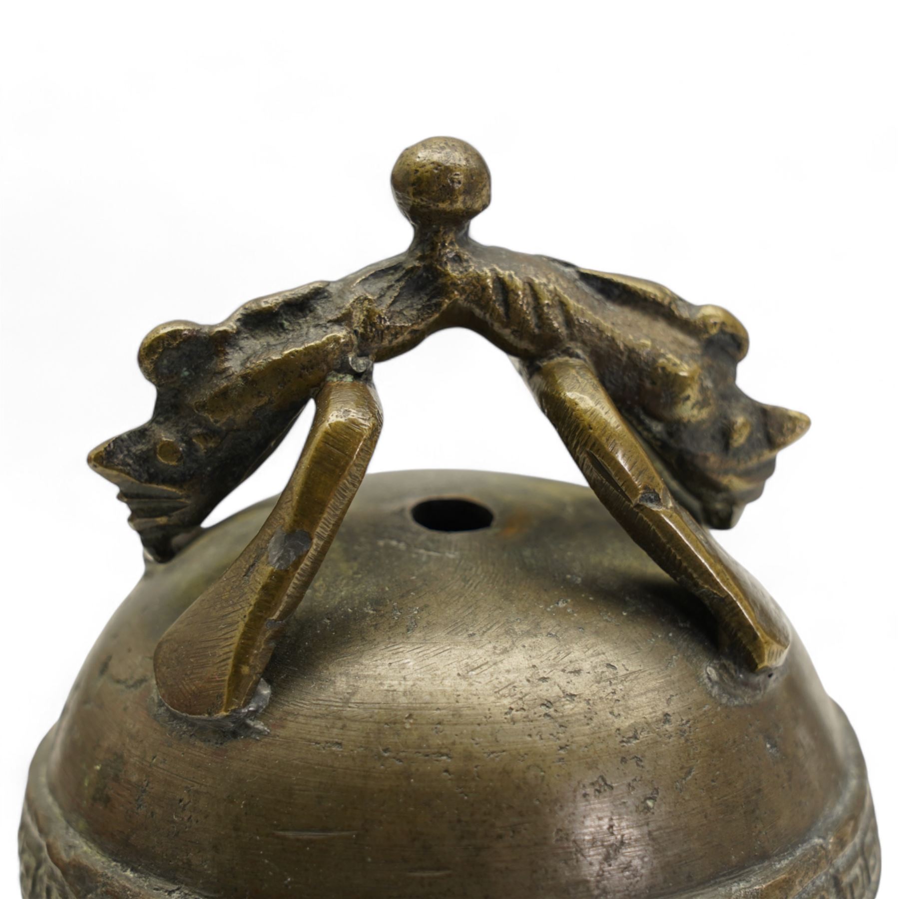 Chinese bronze bell with mythological animal handle H15cm, Eastern turquoise flask with applied floral decoration, Chinese carved hardwood figure of a Deity holding a Lotus flower H37cm and an ormolu candlestick 