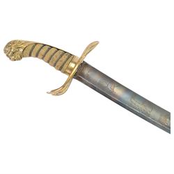 Georgian 1803 British general officer's scimitar, curving blade with traces of engraving, pierced brass hilt marked SL beneath, wire-bound fish skin grip with lion head pommel, overall L96cm