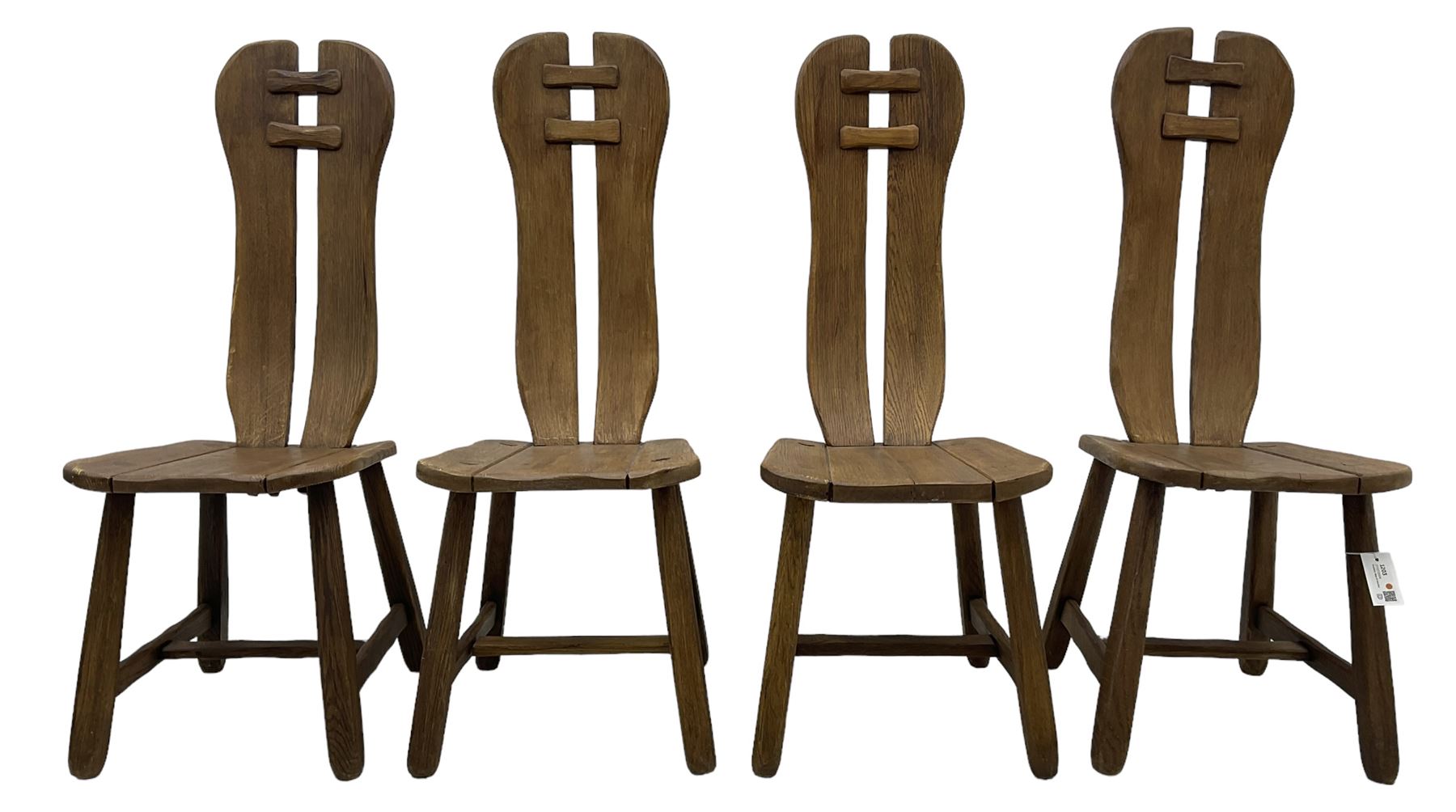 Attributed to De Puydt - set of four mid-century Brutalist oak dining chairs, twin slat back united by pegs, on square tapering supports united by H-stretcher 