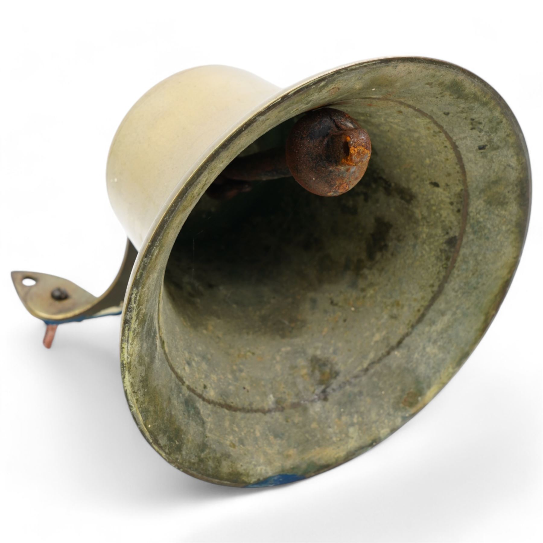 20th century brass bell with ornate split bracket, H20cm x bell D20cm