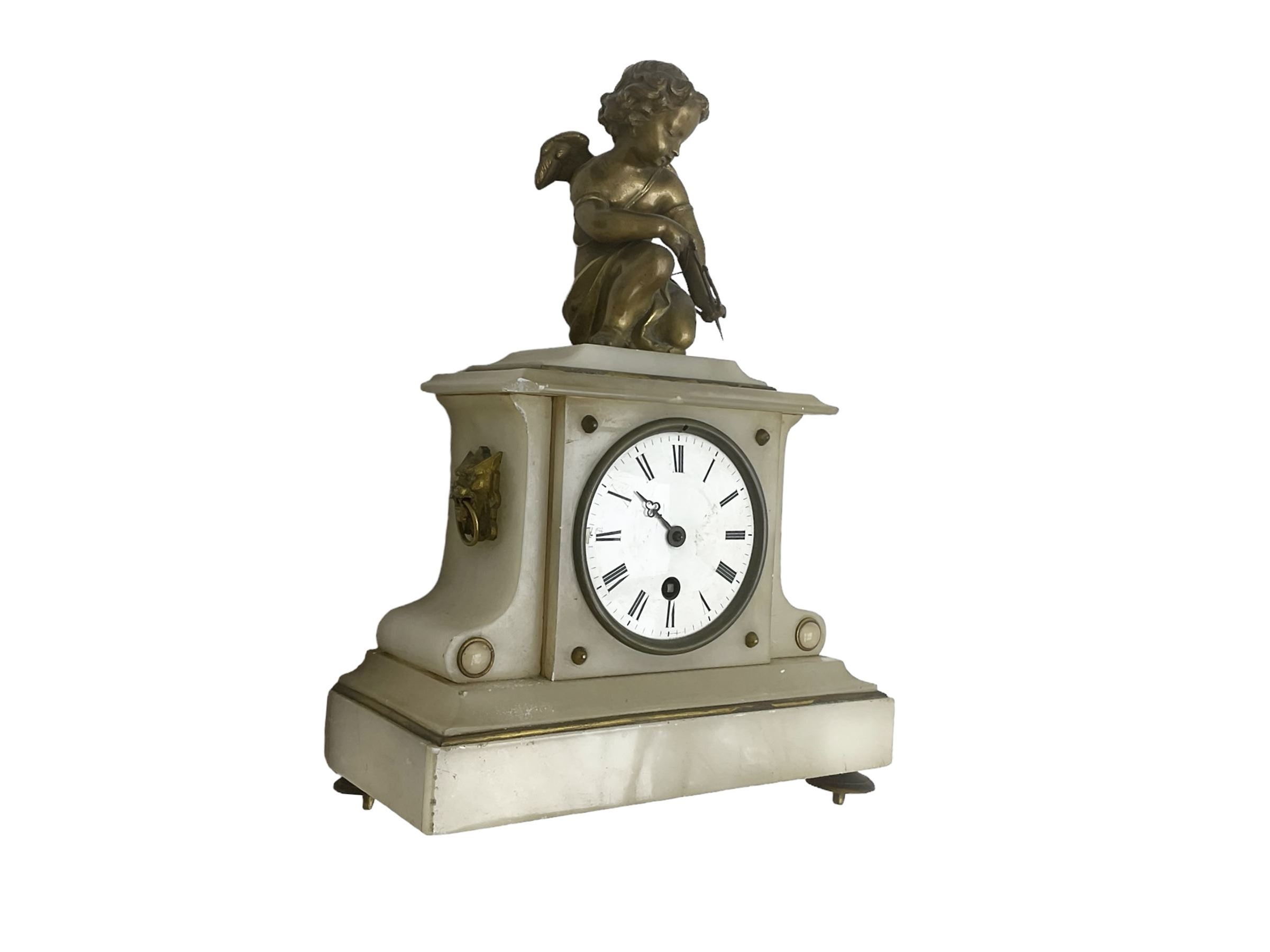 French Alabaster single train mantle clock. 