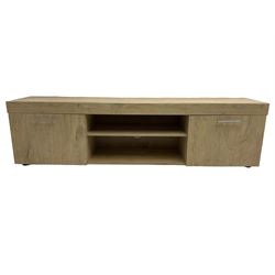 Light oak finish television stand, fitted with two cupboards and central shelf