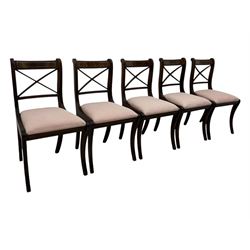 Set of ten (8+2) Regency design mahogany and brass inlaid dining chairs, bar cresting rail over x-framed back, upholstered drop-in seats, moulded frame and sabre supports 