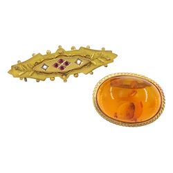 Early 20th century gold pink stone and pearl set brooch and a later gold amber brooch, both hallmarked 9ct