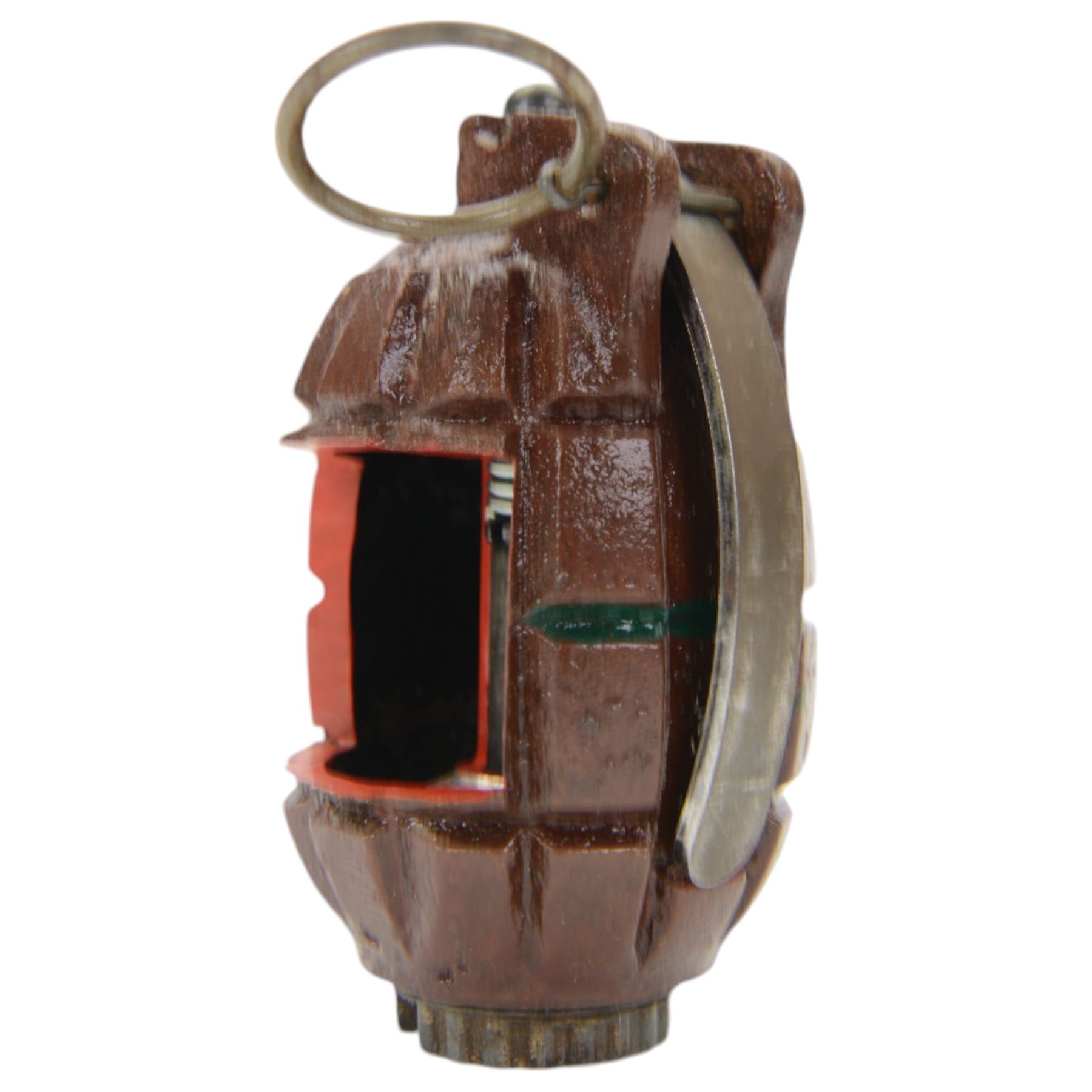 Inert WWII No 36 M Mk 1 Mills hand grenade, cut away with a dummy/replica fuse fitted, marked 'No 36 M Mk1 H LD 1/4.2, H11cm