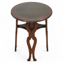 Arts & Crafts period oak and copper tavern table, circular copper top with hammered decora...