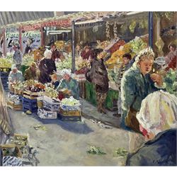 Catherine Tyler (British 1949-): 'Open Market Brighton', oil on panel signed and dated '93, titled verso 42cm x 47cm