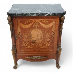 20th century French Kingwood and gilt metal mounted side cabinet, moulded green variegated marble top over single cupboard, enclosed by marquetry inlaid single door, the oval panel depicting urn and bridge in garden landscape, surrounded by fruiting laurel wreath and enclosed by draped linen swags, decorated with trailing leafy branches and flower heads, canted corners with scroll and acanthus leaf cast mounts decorated with laurel swags, curled acanthus leaf lower mounts terminating to scrolled terminal caps, the interior fitted with single shelf 