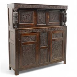 Late 17th century William & Mary oak court cupboard, lunette carved frieze rail on turned ...