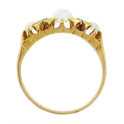 Victorian 18ct gold three stone opal ring, with four diamond accents set between