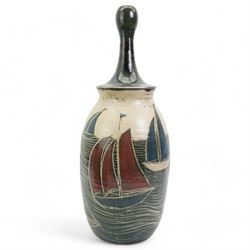 John Egerton (c1945-): Studio pottery stoneware lamp base, decorated with  sailing boats on choppy seas, signed and dated (20)18, H53cm 