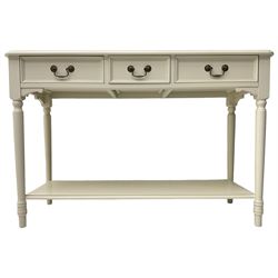 Laura Ashley - 'Clifton' ivory finish three drawer console table, fitted with three frieze drawers with heavily moulded edges, raised on turned supports united by undertier