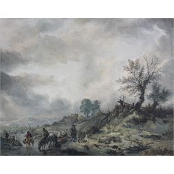 Philips Wouwerman (Dutch 1619-1668): Figures with Horses by a Stream, watercolour signed with initials l.l. 34cm x 43cm
