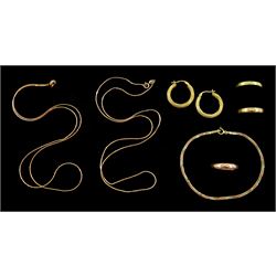 9ct gold jewellery including pair of hoop earring, two chain necklaces, rose gold ring and bracelet, 14ct gold ring and an 18ct gold ring