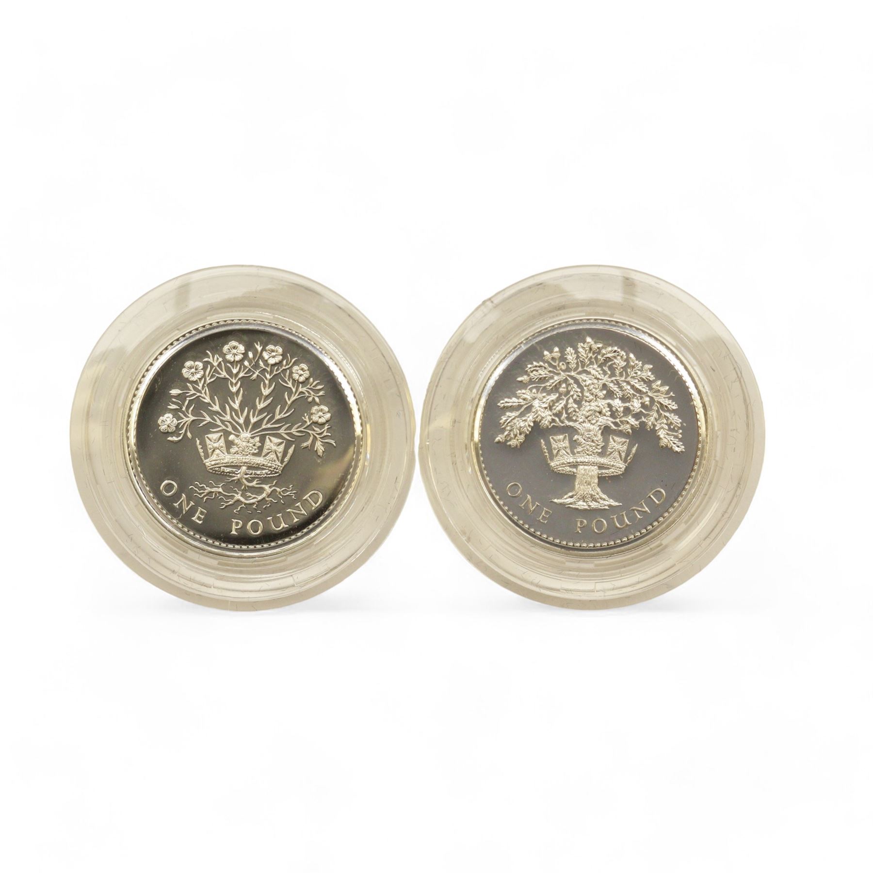 Eight The Royal Mint United Kingdom silver proof coins, comprising 1980 '80th Birthday' crown, 1981 'His Royal Highness The Prince Of Wales And Lady Diana Spencer' crown, 1984, 1985, 1986 and 1987 one pounds, all cased with certificates and a 1977 crown cased no certificate (8)