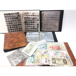  Collection of Great British and World coins and banknotes including  Bank of England Peppiatt one pound note 'T66A 559885', Peppiatt ten shillings note '43K 923490', Peppiatt one pound note 'D49E 469798', small number of pre 1947 and pre 1920 silver coins including threepence pieces etc and various World coins, in albums/folders and loose  