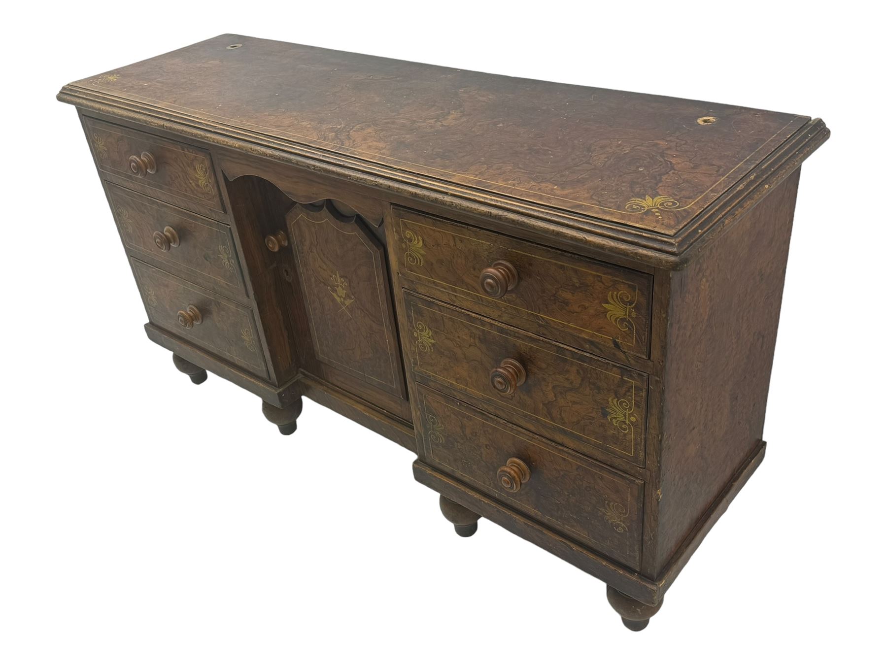 Victorian walnut scumbled pine sideboard, stepped rectangular top over central cupboard with marquetry inlay, flanked by two banks of three drawers fitted with round wooden knobs, raised on turned bun supports