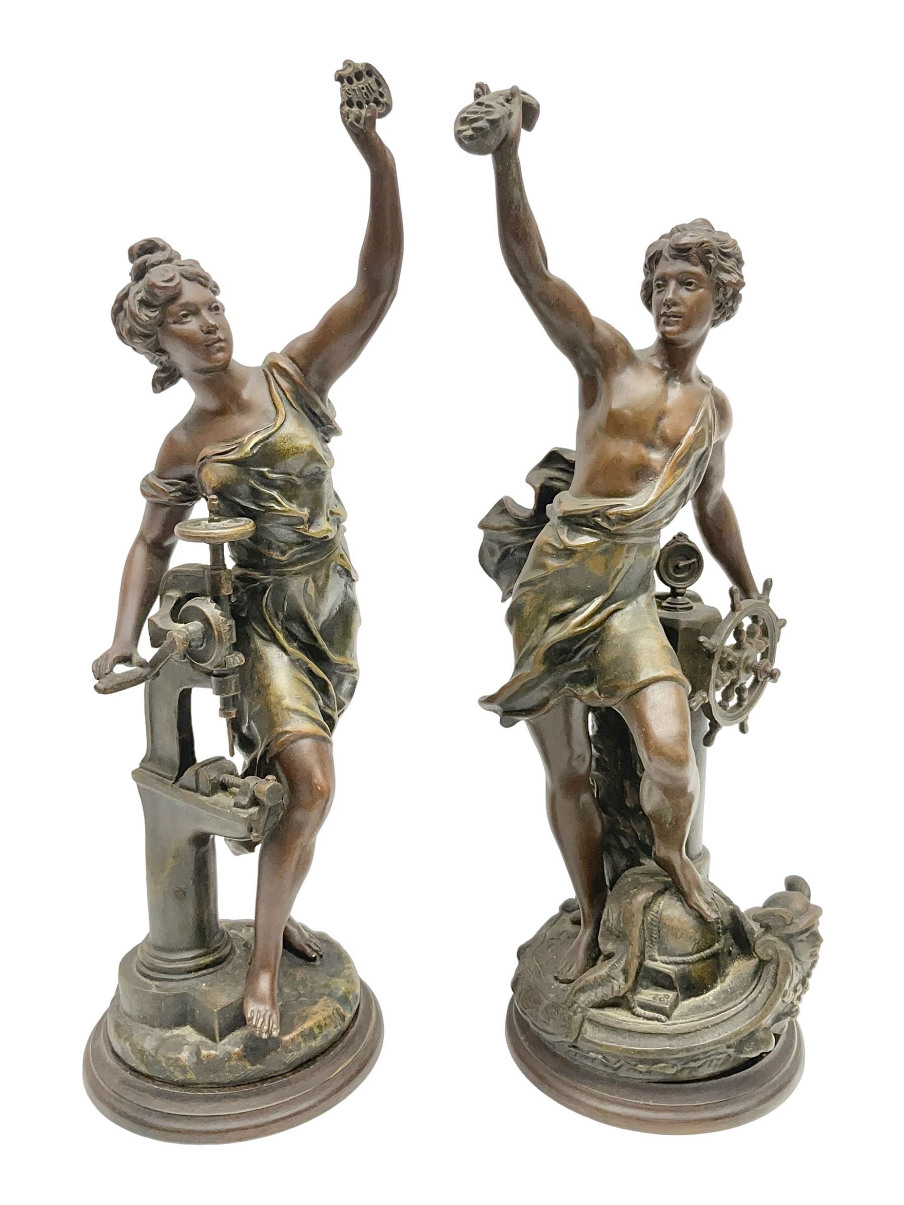 After Charles Octave Levy, pair of bronzed spelter figures, 'Industrie' and 'Commerce', upon stepped wooden plinth, H42cm