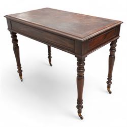 19th century mahogany writing table, rectangular top with moulded edge inset with leather writing surface, fitted with two frieze drawers with moulded facias, raised on turned supports terminating to brass cups and castors