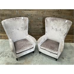 4 x Wing back armchair upholstered in silver crushed velvet fabric