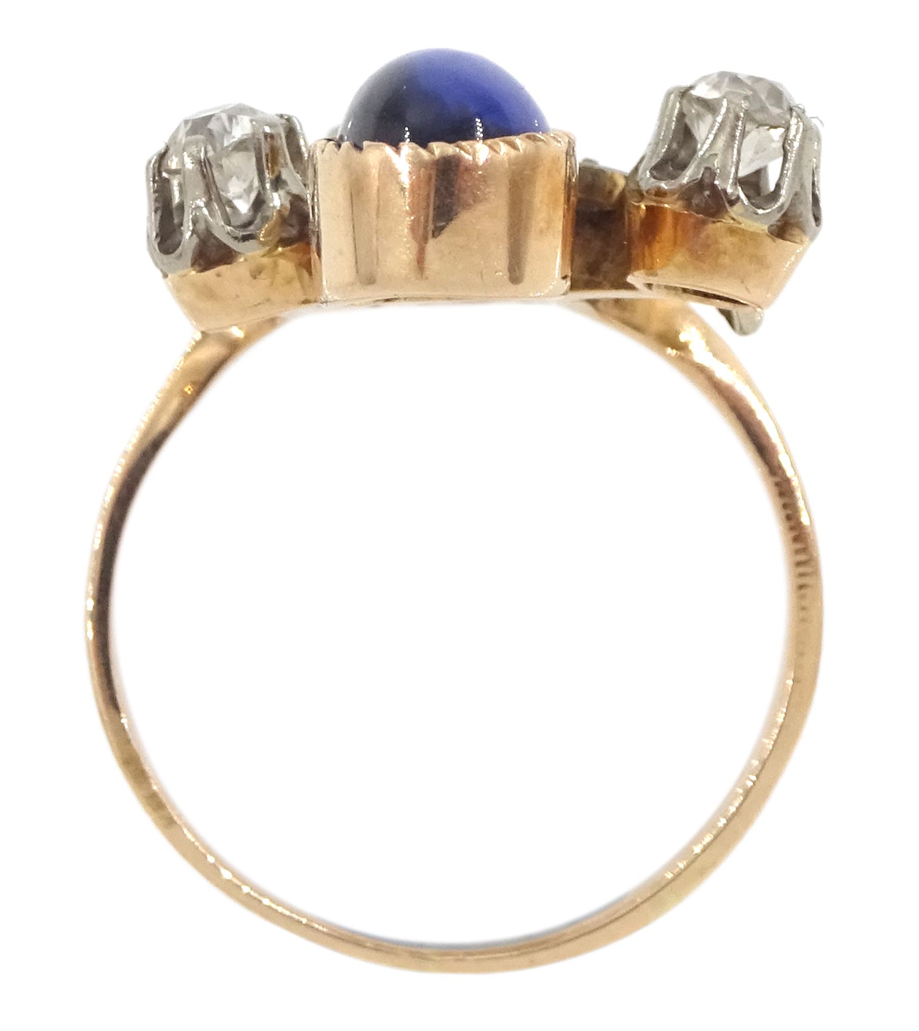 Russian early 20th century 14ct rose and white gold, oval cabochon cut synthetic sapphire and old cut diamond flower design ring, stamped 585 with Soviet star, total diamond weight approx 0.60 carat