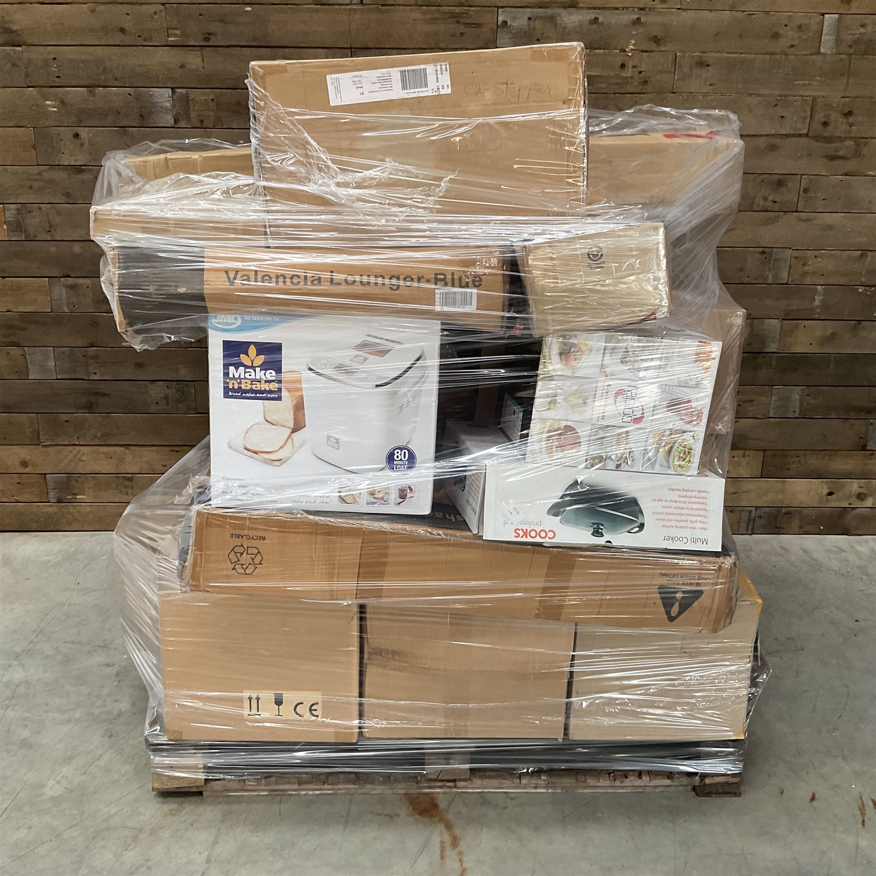 Four pallets of domestic goods to include, cleaning equipment, vacuums, exercise equipment, cooking items, Brother printer, garden loungers, irons and more… approx. 60 items