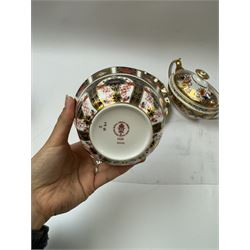 Royal Crown Derby 1128 Old Imari pattern, teacup and saucer, plate with fluted edge and open sucrier, together with spode twin handled sucrier