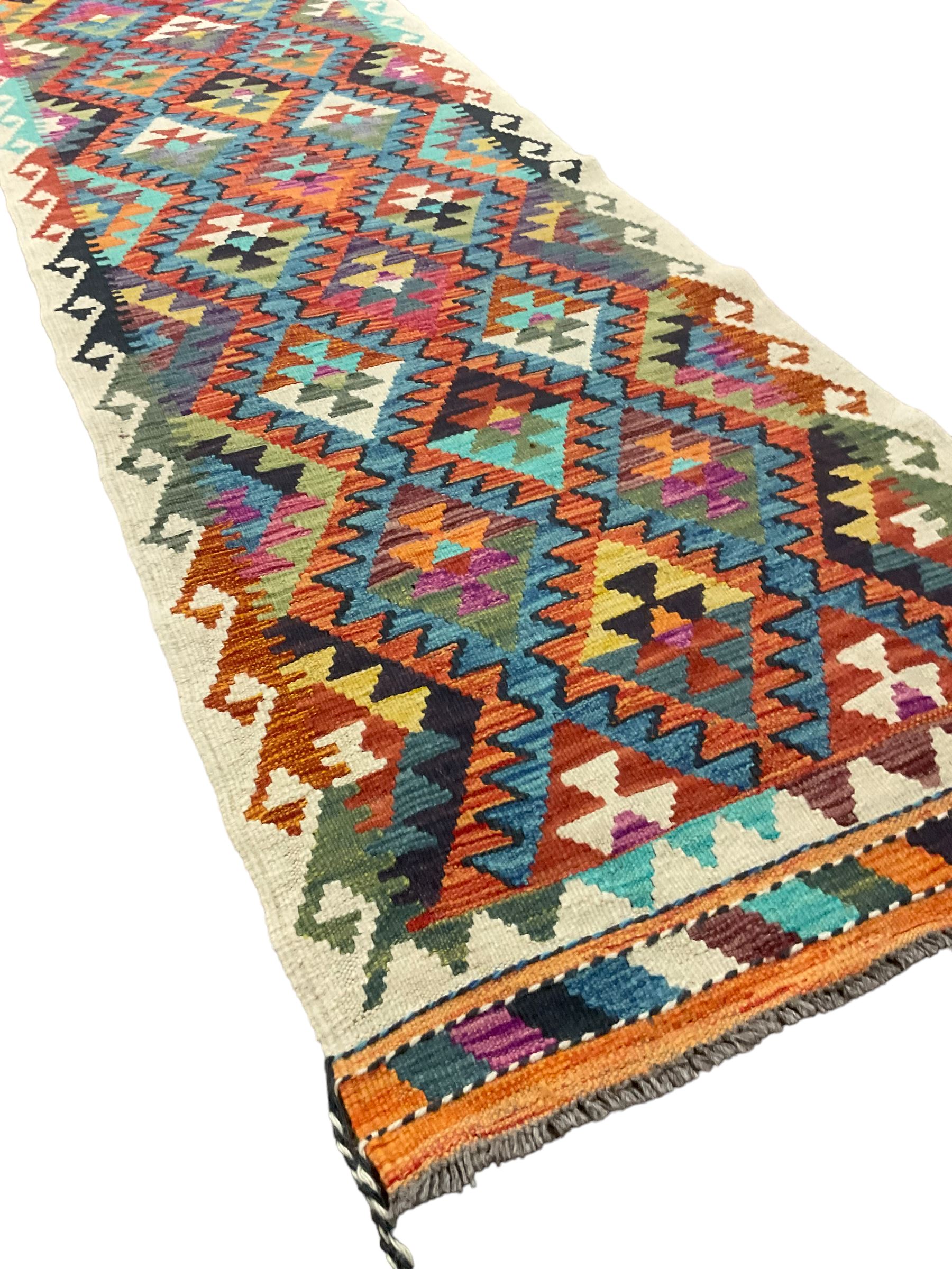 Anatolian Turkish kilim runner, multi-coloured geometric design 