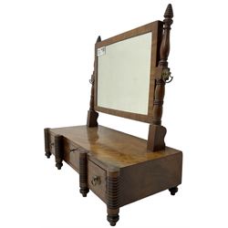 19th century mahogany dressing table mirror, rectangular plate, fitted with three trinket drawers, on ring turned uprights and supports