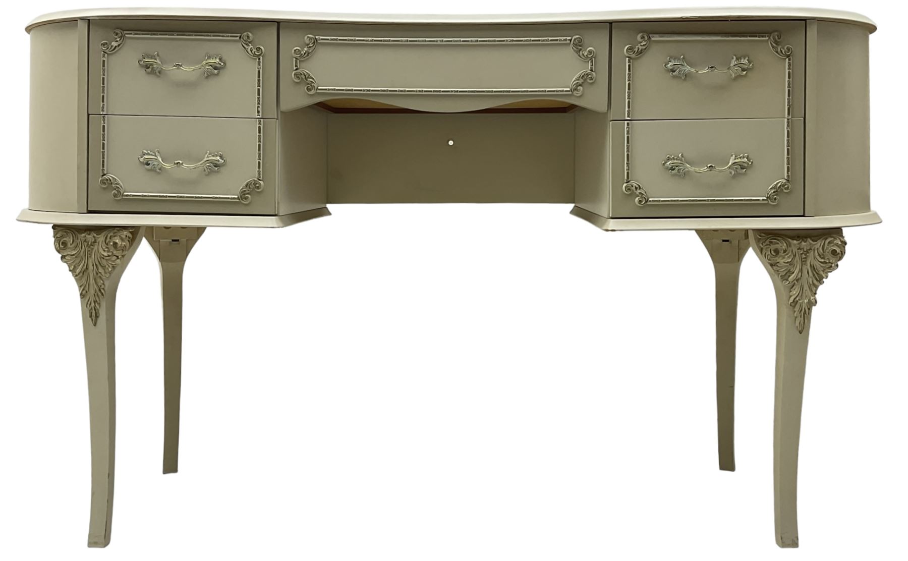 Mid-to-late 20th century cream and gilt kidney-shaped dressing table, fitted with five drawers, on cabriole supports 