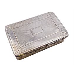 George IV silver snuff box, of rectangular form, with engine turned decoration, chased foliate borders and blank cartouche to centre of hinged cover, opening to reveal a gilt interior, hallmarked John Bettridge, Birmingham 1825, W7.6cm