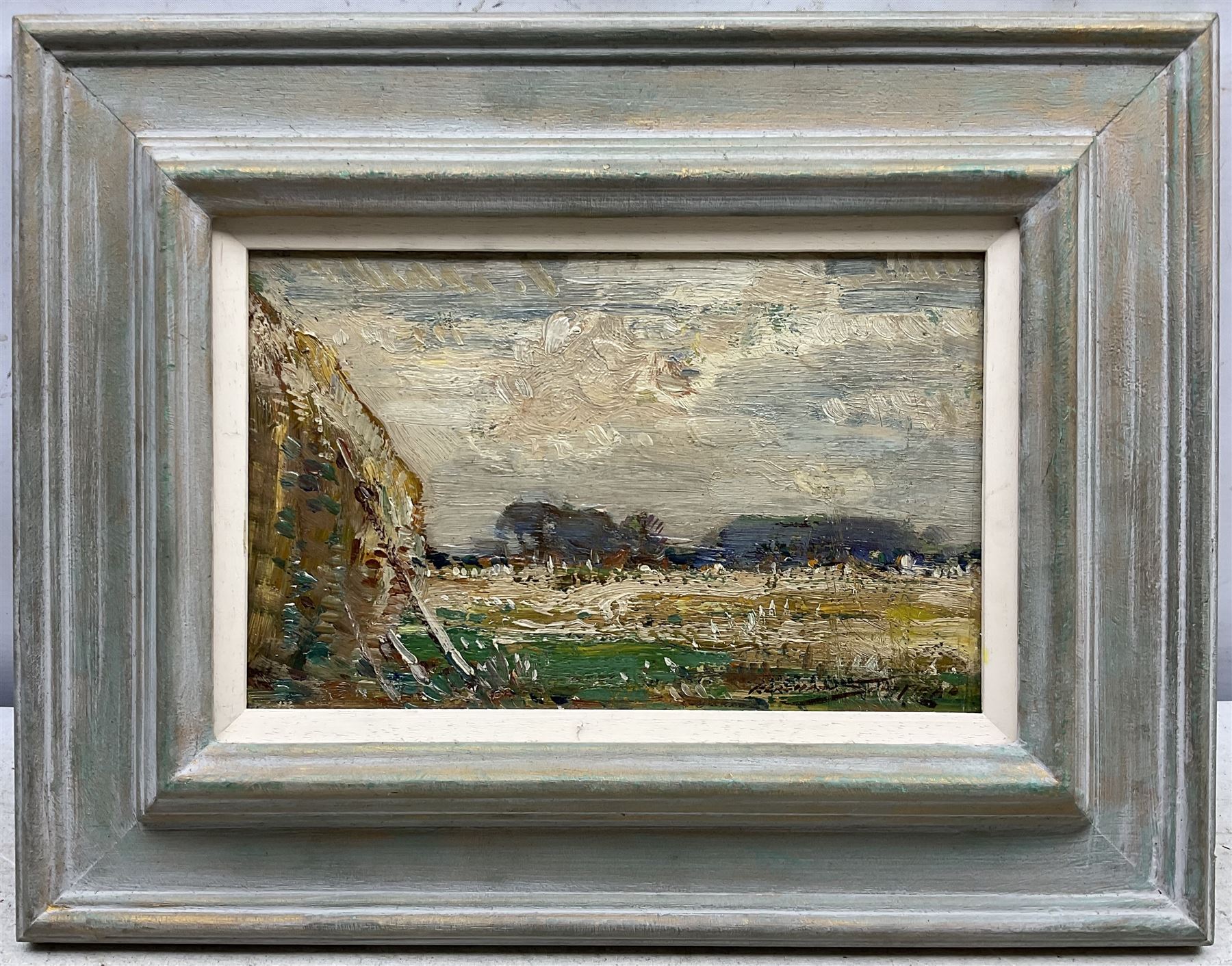 Kershaw Schofield (British 1872-1941): The Hayfield, oil on panel signed 15cm x 24cm