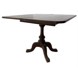 19th century mahogany table, fold-over rectangular with rounded corners, on turned vasiform column, on quadruple out splayed supports