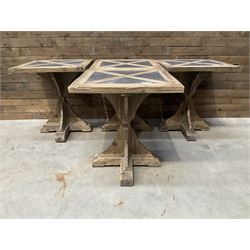 4 x Rustic square restaurant bistro table, parquetry top, X shaped base