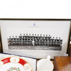 Yorkshire Volunteers commemorative plate and Officers Mess, 1969 framed photograph,  Ronson table lighter, early 20th century oak box etc in one box 