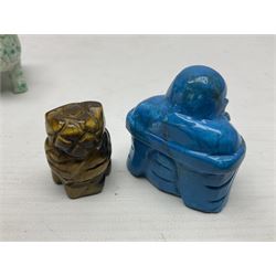 Carved Lapis lazuli figure in the form of Ganesha, together with turquoise carved buddha, tigers eye owl and other carved figures and plaques, Ganesha 8cm