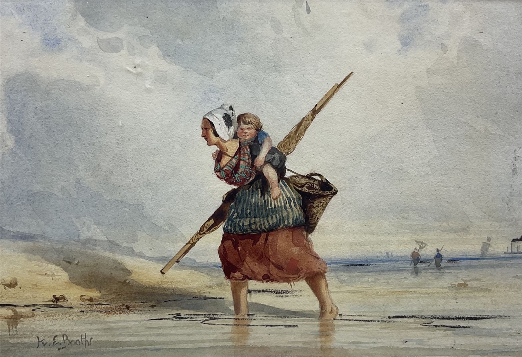 Kate E Booth (British fl.1850-1898): Fisherwoman and Child, watercolour signed 14cm x 20cm