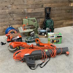 Flymo electric garden vac, DeWalt scroll saw, bench grinder, Polti steam cleaner, extension reel and other tools