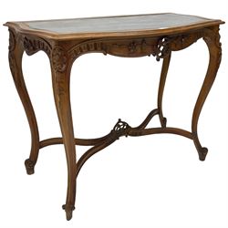 French design walnut console table, shaped top with inset grey marble panel, the frieze pierced and carved with scrolling foliage and applied flower heads, raised on cabriole supports with cartouche carved knees, united by shaped X-stretcher