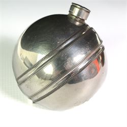 Pewter hip flask in the form of a cricket ball, two other hip flasks, Ashanti bronze figure, two 19th century horn snuff boxes, vintage lighter, pair of steel nutcrackers etc 