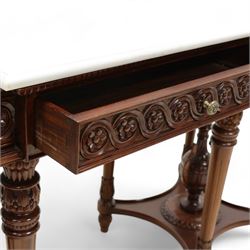 Regency design carved mahogany breakfront console table, white veined marble top